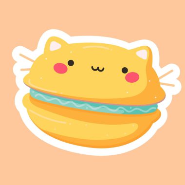 Kedi kulakları ve sevimli yüzü ile bir kawaii komik makarna El çizilmiş vektör illüstrasyon. Arka planda yalıtılmış nesneler. makaron kek. Kafe menü için tasarım, çocuk baskı, etiket, poster