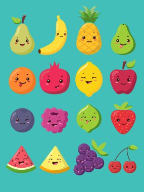 Vektör limon, armut, üzüm, portakal, avokado, ananas, elma, kiraz, üzüm, kavun, berry, kireç karakterleri küçük sanat ile Sevimli karikatür gıda posteri. Çocukça baskı, çıkartmalar