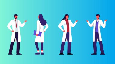 Doktorlar ve diğer hastane çalışanlarından oluşan ekip bir arada. Vektör insanlar illüstrasyon seti. Sağlık hizmetleri, bir doktora sor. Steteskoplu üniformalı terapist. Jinekolog ve ürolog.