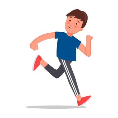 Spor giyim koşu ve oyun sevimli çocuk. Mutlu çocuklar dışarıda birlikte oynuyorlar. Spor aktivitesi, sağlıklı yaşam tarzı. Düz çizgi film tarzında renkli vektör illüstrasyon.