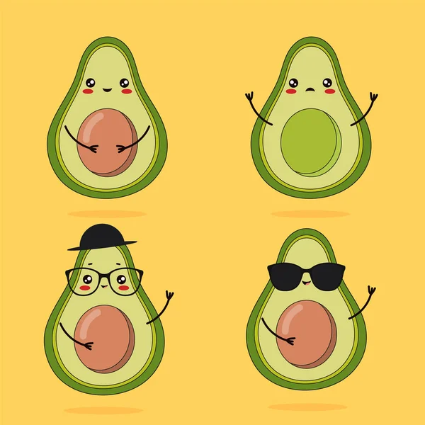 Güneş gözlüğü, gözlük, şapka ve tohum olmadan kawaii sevimli avokado karakter seti. Bu etiket, yama, telefon kılıfı, poster, t-shirt, kupa ve diğer tasarım için kullanılabilir. — Stok Vektör