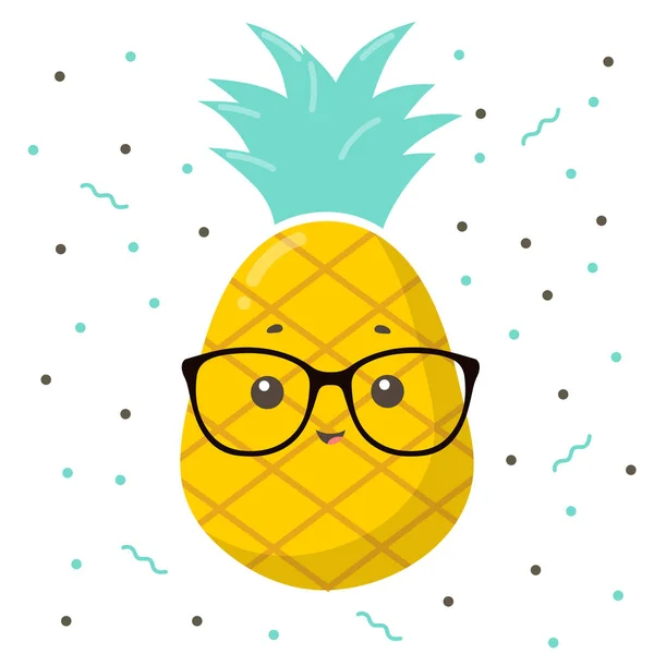 Śliczne śmieszne pineapplez Kawaii twarz z okularami projekt, egzotyczne, żywności, owoców, ilustracja natura lato tropikalny wektor rysunek świeży. Childish clip art na sztandar, druk, naklejka — Wektor stockowy