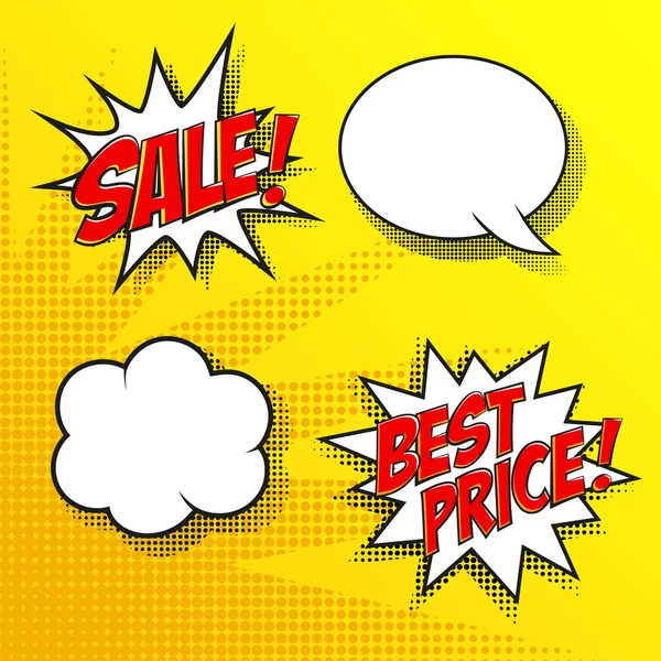 Konuşma baloncukları seti. Yarı ton gölgeler. Çeşitli konuşma kabarcıkları, semboller ve ses efektleri ve renkli Halftone Arka planlar ile tipik bir çizgi roman sayfasının yüksek detay vektör mock-up.