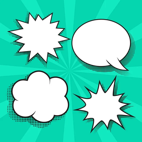 Konuşma baloncukları seti. Yarı ton gölgeler. Çeşitli konuşma kabarcıkları, semboller ve ses efektleri ve renkli Halftone Arka planlar ile tipik bir çizgi roman sayfasının yüksek detay vektör mock-up.