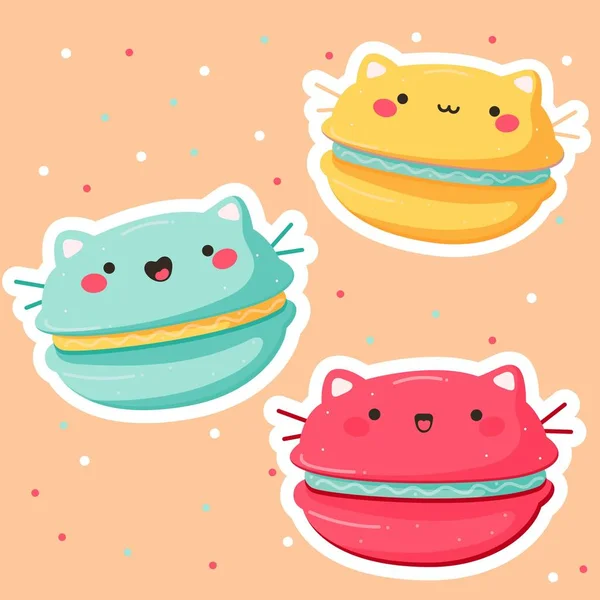 Ilustración vectorial dibujada a mano de un kawaii divertidos macarrones con orejas de gato y cara. Objetos aislados en el fondo. tartas de macarrones. Diseño para menú de café, impresión infantil, pegatina, póster — Archivo Imágenes Vectoriales