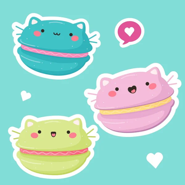 Ilustración vectorial dibujada a mano de un kawaii divertidos macarrones con orejas de gato y cara. Objetos aislados en el fondo. tartas de macarrones. Diseño para menú de café, impresión infantil, pegatina, póster — Archivo Imágenes Vectoriales