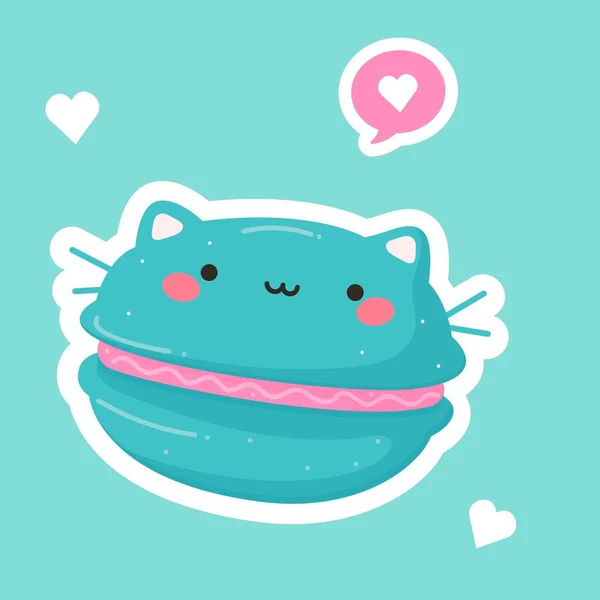 Kedi kulakları ve sevimli yüzü ile bir kawaii komik makarna El çizilmiş vektör illüstrasyon. Arka planda yalıtılmış nesneler. makaron kek. Kafe menü için tasarım, çocuk baskı, etiket, poster