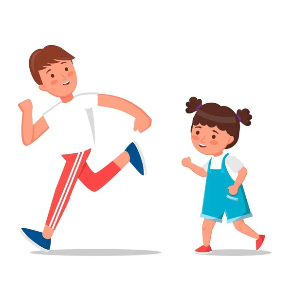 Χαριτωμένα παιδιά σε αθλητικά είδη που τρέχουν και παίζουν μαζί. Ευτυχισμένα παιδιά που παίζουν μαζί έξω. Αθλητική δραστηριότητα, υγιεινός τρόπος ζωής. Πολύχρωμη απεικόνιση διάνυσμα σε επίπεδο στυλ κινουμένων σχεδίων. — Διανυσματικό Αρχείο