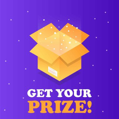 Ödülünüzü alın, ödül izometrik vektör illüstrasyon web afişi. Oyun arayüzleri için yay ikonlu komik çizgi film hediye kutusu. Ödüller kazanabilirsin. Piyango reklam şablonu.
