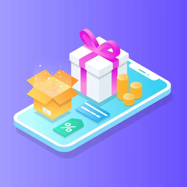 Düz izometrik çevrimiçi alışveriş e-ticaret konsepti: telefon, kıyafet, alışveriş çantası, alışveriş çantasına ekleme, indirim kuponu, butik, giyim mağazası. İniş, pankart şablonu. İşlemler ekranda. Hızlı teslimat.