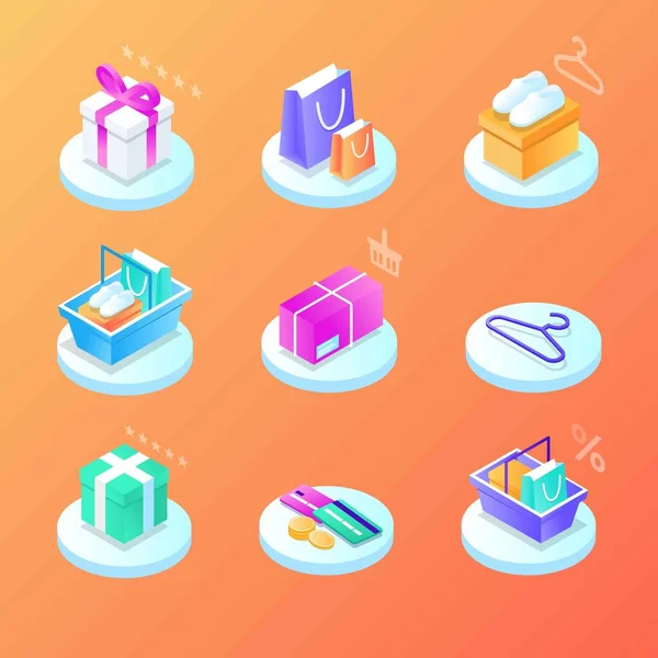 Çevrimiçi mobil alışveriş elemanları izometrik izole ikon seti. Web afişi, bilgi grafikleri, kahraman resimleri için kullanılabilir. Telefon, el arabası, para, kutu, çanta, kıyafetler, kredi kartı, satış, hızlı dağıtım, kupon indirimi