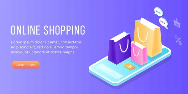 Düz izometrik çevrimiçi alışveriş e-ticaret konsepti: telefon, kıyafet, alışveriş çantası, alışveriş çantasına ekleme, indirim kuponu, butik, giyim mağazası. İniş, pankart şablonu. İşlemler ekranda. Hızlı teslimat.