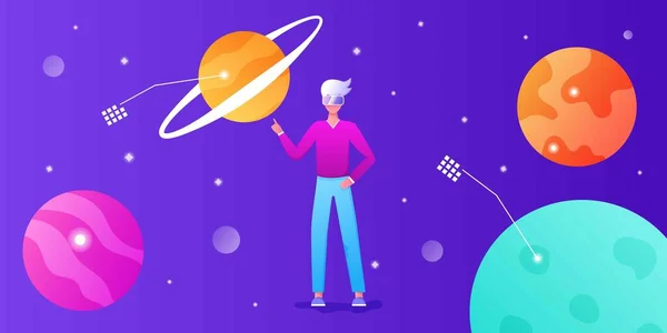 Uzayda VR kulaklıklı genç bir adam. Eğitim ve oyunlar için sanal gerçeklik. Düz çizgi film vektör çizimi. Siber uzayda uçan adam hayali evrenle etkileşime geçiyor. Pankart için, iniş sayfası