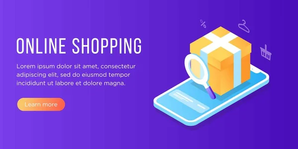 Płaskie izometryczne zakupy online e-commerce pojęcie: telefon, ubrania, torba na zakupy, dodaj do koszyka, kupon rabatowy, Boutique, sklep odzieżowy. Lądowanie, szablon sztandaru. transakcje na ekranie. Szybkie dostarczenie — Wektor stockowy