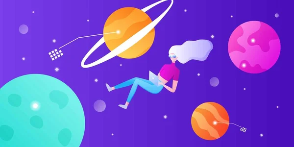 Uzayda VR kulaklıklı genç bir kadın. Eğitim ve oyunlar için sanal gerçeklik. Düz çizgi film vektör çizimi. Siber uzayda uçan kız hayali evrenle etkileşime giriyor. Pankart için, iniş sayfası