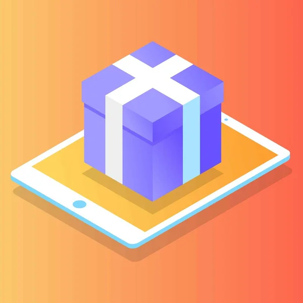 Düz izometrik çevrimiçi alışveriş e-ticaret konsepti: tablet ekranda mor kutu, butik, giyim mağazası. İniş, pankart şablonu. İşlemler ekranda. Hızlı teslimat, paket depola