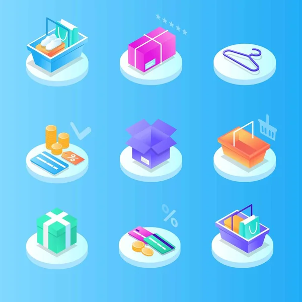 Çevrimiçi mobil alışveriş elemanları izometrik izole ikon seti. Web afişi, bilgi grafikleri, kahraman resimleri için kullanılabilir. Telefon, el arabası, para, kutu, çanta, kıyafetler, kredi kartı, satış, hızlı dağıtım, kupon indirimi