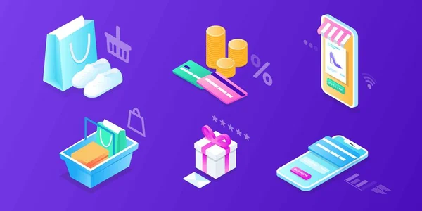 Çevrimiçi mobil alışveriş elemanları izometrik izole ikon seti. Web afişi, bilgi grafikleri, kahraman resimleri için kullanılabilir. Telefon, el arabası, para, kutu, çanta, kıyafetler, kredi kartı, satış, hızlı dağıtım, kupon indirimi
