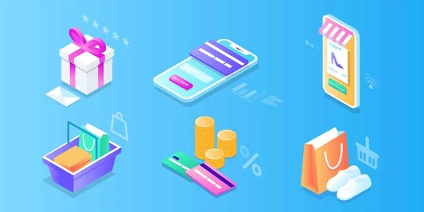 Online Mobile shopping elements isometric isolated icon set. Can use for web banner, infographics, hero images. Phone, cart, money, box, bag, clothes, credit card, sale, fast delivery, coupon discount — Stock Vector