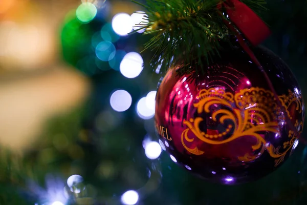 Decorated Chrismas Tree Pine New Year Chrismas Lighs Closeup — Stockfoto