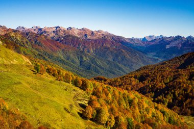 Bulutsuz güneşli bir sonbahar dağlarda. Büyük Caucasus aralığı. Abhazya. Gürcistan.
