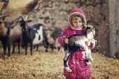 Kleines Mädchen im Mantel spielt mit Ziegen im Hof