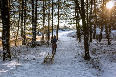 Sevimli kız kızak ile orman yürürken