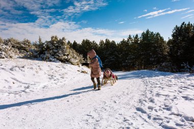 İki kız kardeş birlikte kış dağ tarafından sledging