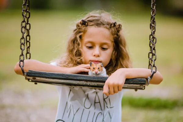 Portrait Cute Curly Girl Playing Hamster — Stock Photo, Image