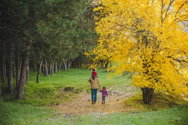 Ormandaki küçük kızlarla yürüyen adam arka görünümü