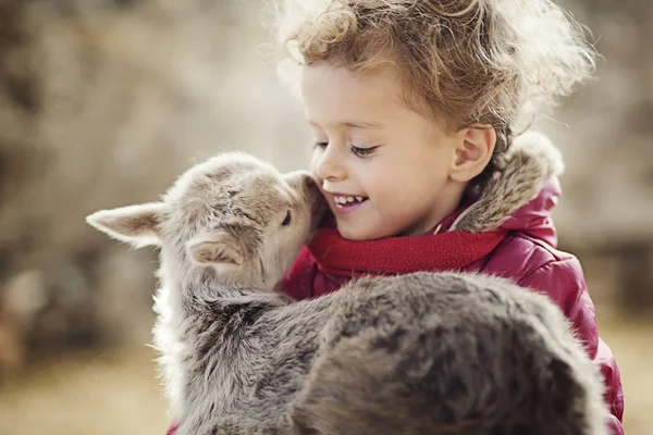 Goatling bahçesinde oynarken ceket küçük kız