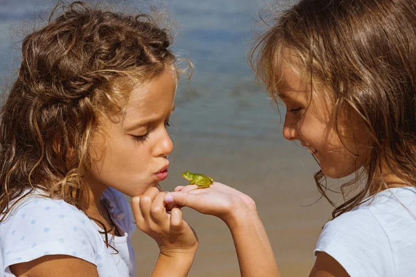 Meninas Brincando Com Pouco Sapo Verde — Fotografia de Stock