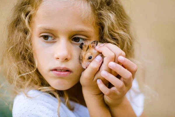 Portrait Cute Curly Girl Playing Hamster — Stock Photo, Image