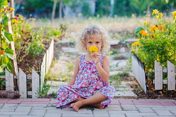 黄色のマリーゴールドの花の庭に座っている巻き毛の少女の笑顔 — ストック写真