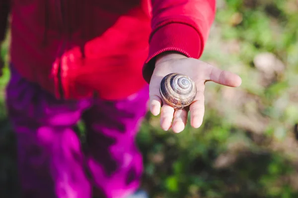Salyangoz elinde tutan kız görünümünü kırpılmış