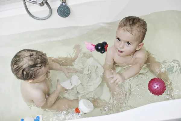 Two Girls Toddlers Taking Bath Together Toys — Stock Photo, Image