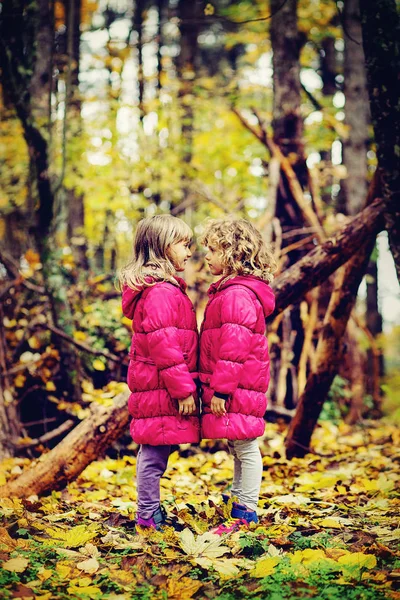 Duas Meninas Casacos Rosa Floresta — Fotografia de Stock