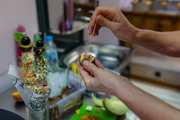 Woman Making Chimney Cake Restaurant Kitchen Nonpareils Brown Sugar Closeup — Stock Photo, Image