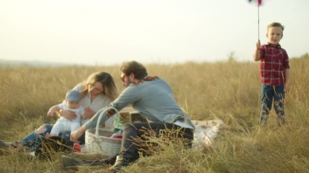 Сім'я має пікнік у полі в сільській місцевості — стокове відео