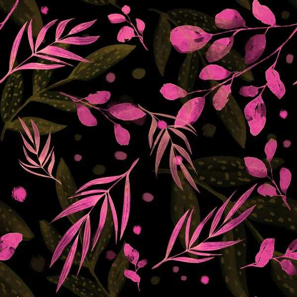 黒の背景にピンクの葉を持つ水彩シームレスパターン — ストック写真