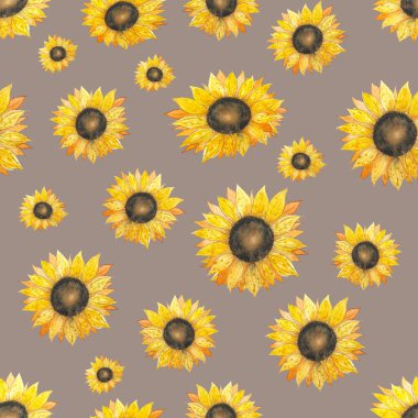 Ayçiçekli suluboya desenli. El yapımı, doğal sarı-turuncu çiçekler. Gri arkaplanda yaz deseni