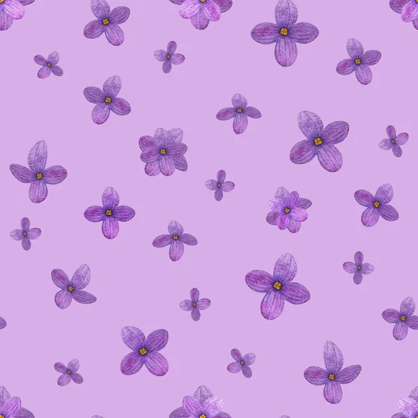 Padrão Sem Costura Aquarela Com Flores Lilás Fundo Violeta — Fotografia de Stock