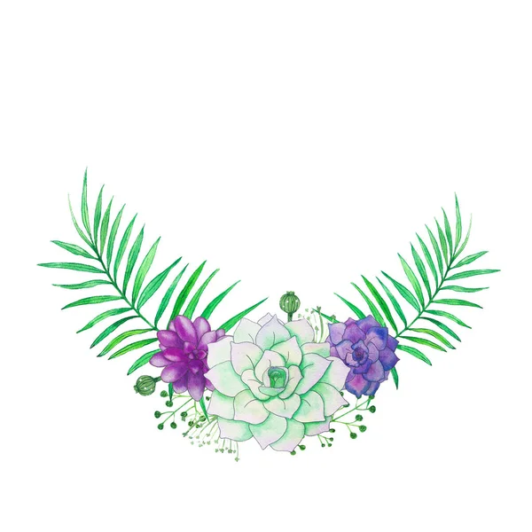 Ramo Floral Acuarela Con Suculentas Hojas Ramas Composición Delicada Aislada — Foto de Stock