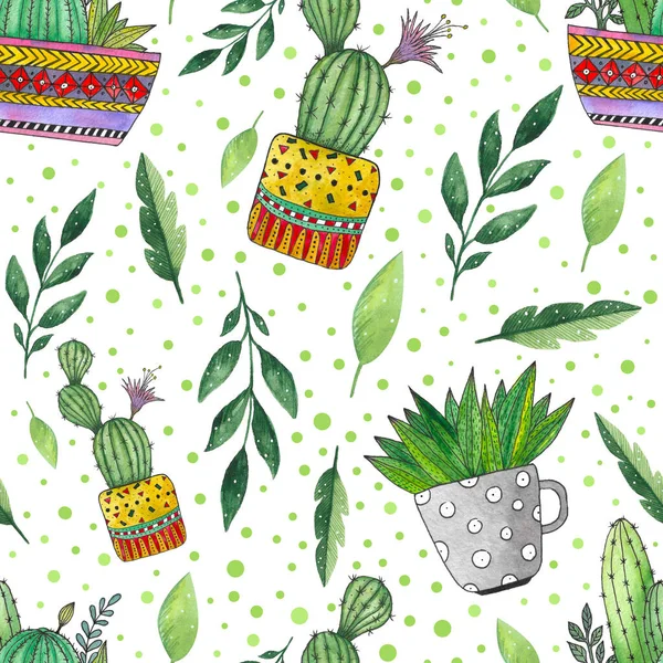 Colecția Cactus Vase Colorate Frunze Puncte Acuarelă Model Fără Sudură fotografii de stoc fără drepturi de autor