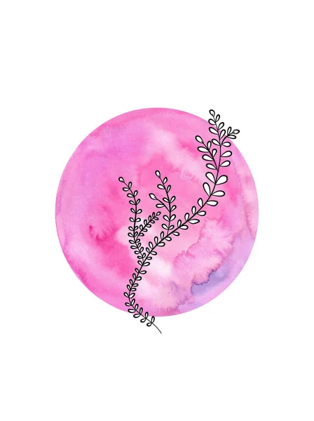Aquarel Roze Cirkel Vlek Met Doodle Zwart Blad — Stockfoto