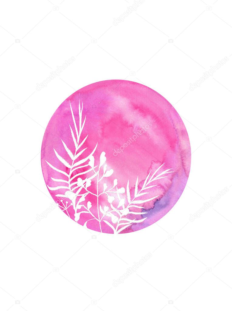 Watercolor pink circle spot with doodle white leaf