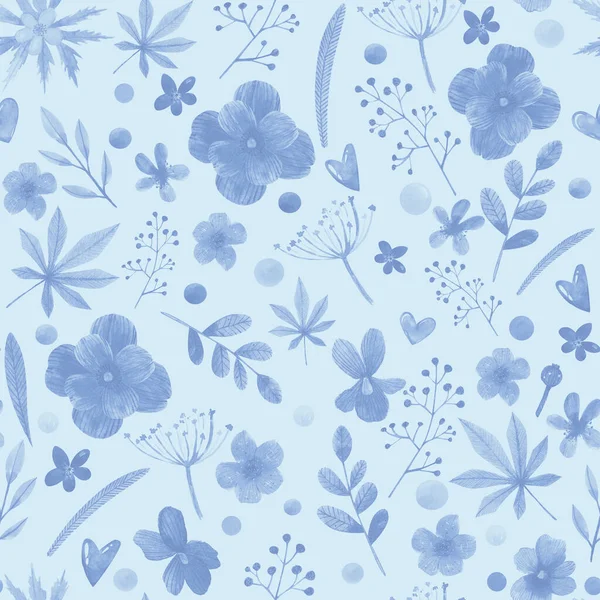 Akwarela Monochromatyczny Niebieski Kwiatowy Bezszwowy Wzór Kwiatami Liśćmi — Zdjęcie stockowe
