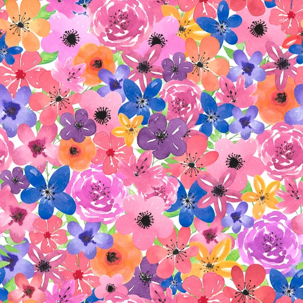 Watercolor seamless pattern with hand-drawn pink summer flowers. Watercolor summer background with flowers, herbs and leaves