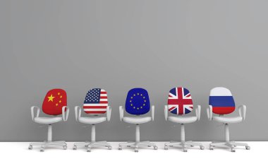 Bir satır koltukları Uluslararası bayrakları. Küresel politika kavramı. 3D render