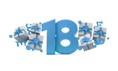 18 mavi Doğum günü kutlaması hediye kutuları ile sayı numara. 3D render